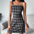 LDM 2021 Summer Casual Women Clothing Wrap Mini Black And White Sexy Slash Neck Adjustable Strap Sleeveless Plaid Bodycon Dress