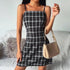 LDM 2021 Summer Casual Women Clothing Wrap Mini Black And White Sexy Slash Neck Adjustable Strap Sleeveless Plaid Bodycon Dress